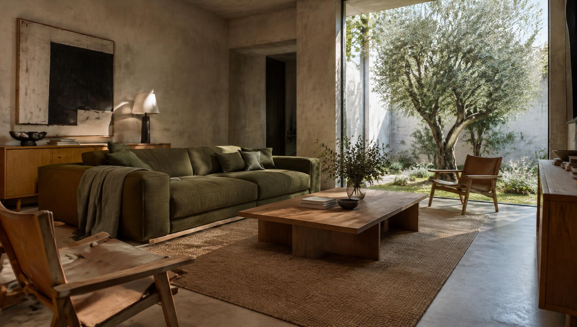 Interior de inspiración arquitectónica con materiales naturales