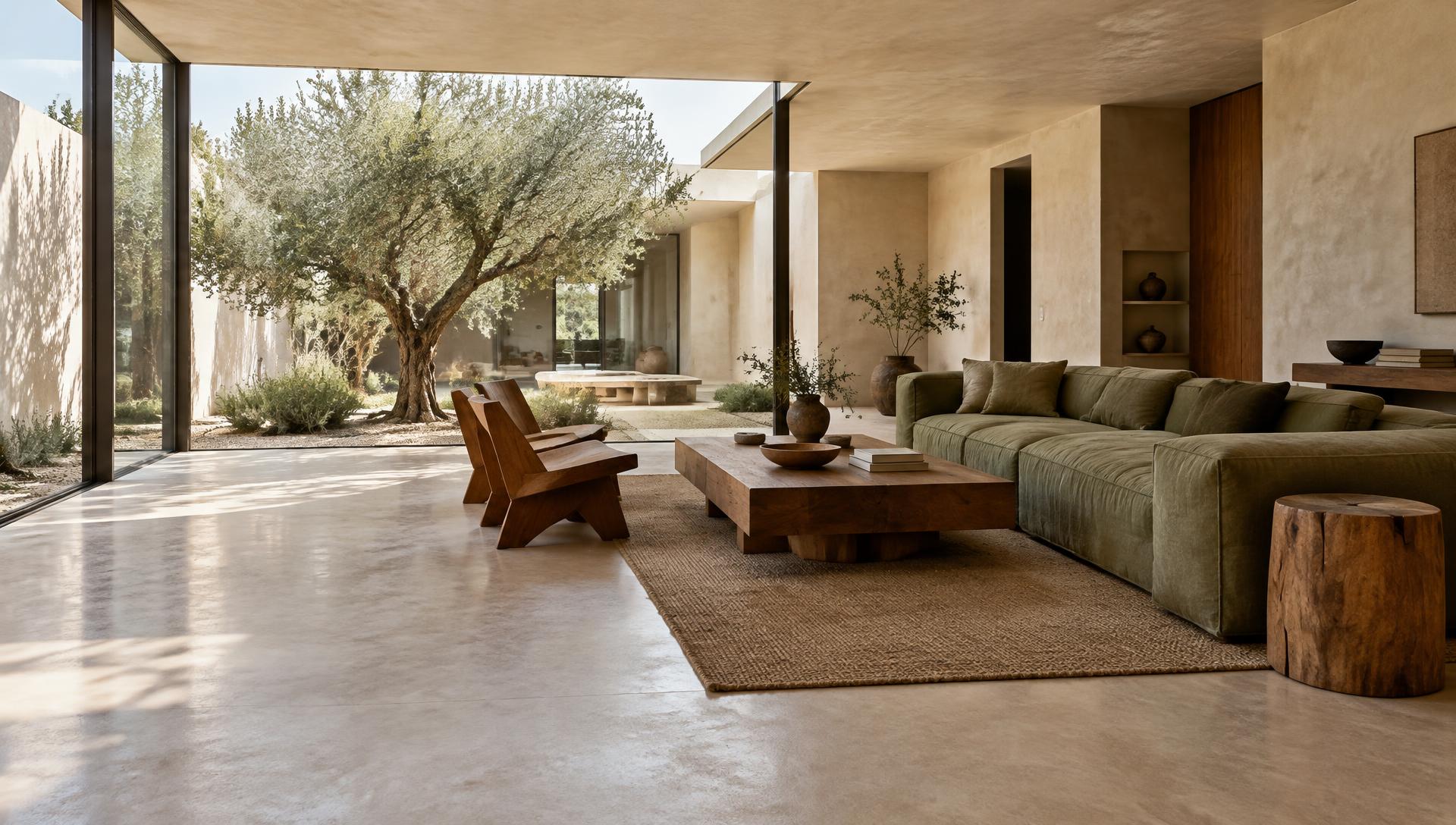 Sala abierta a un patio con un olivo y mobiliario de madera