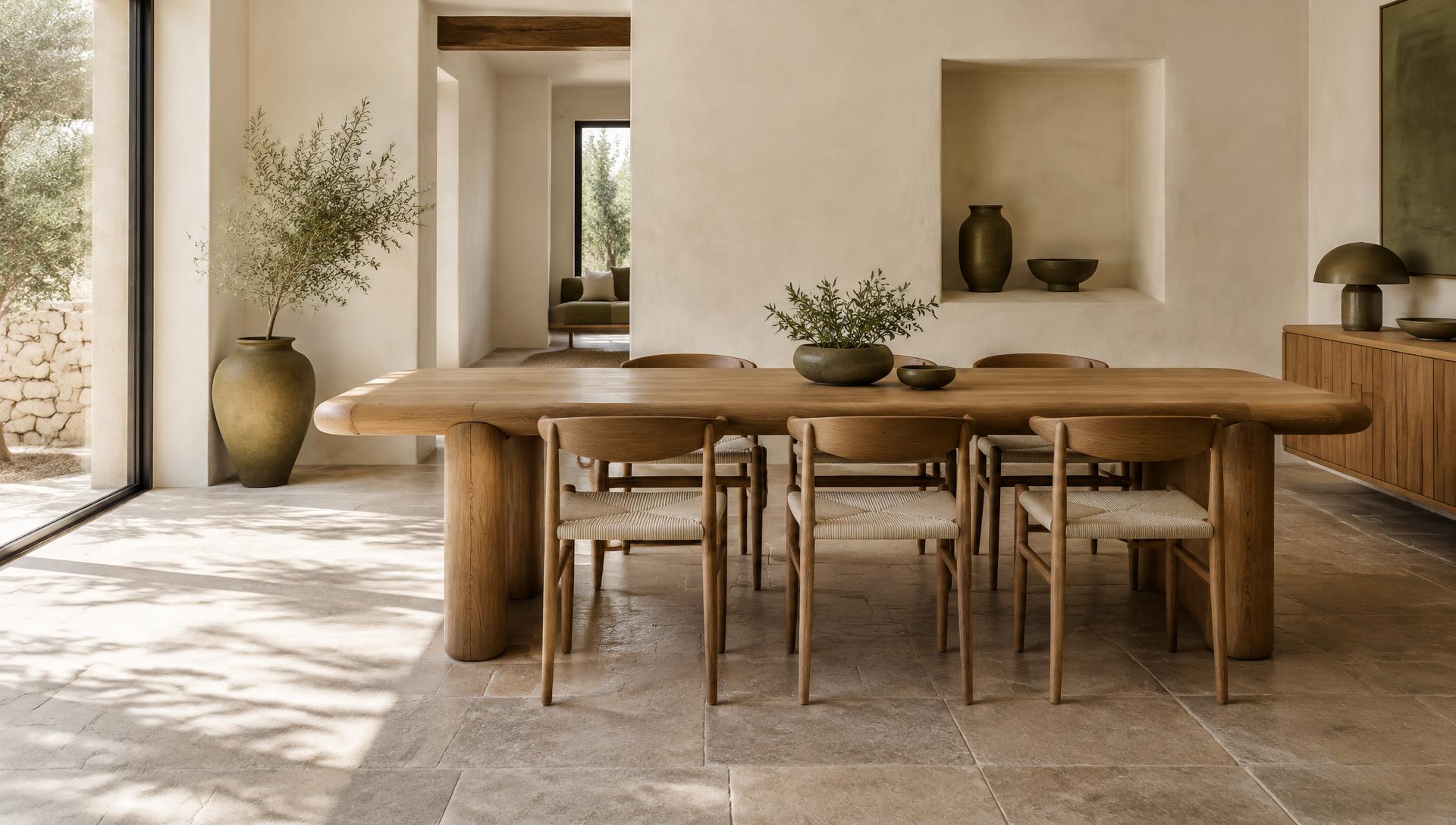 Comedor de madera con sillas y acabados naturales